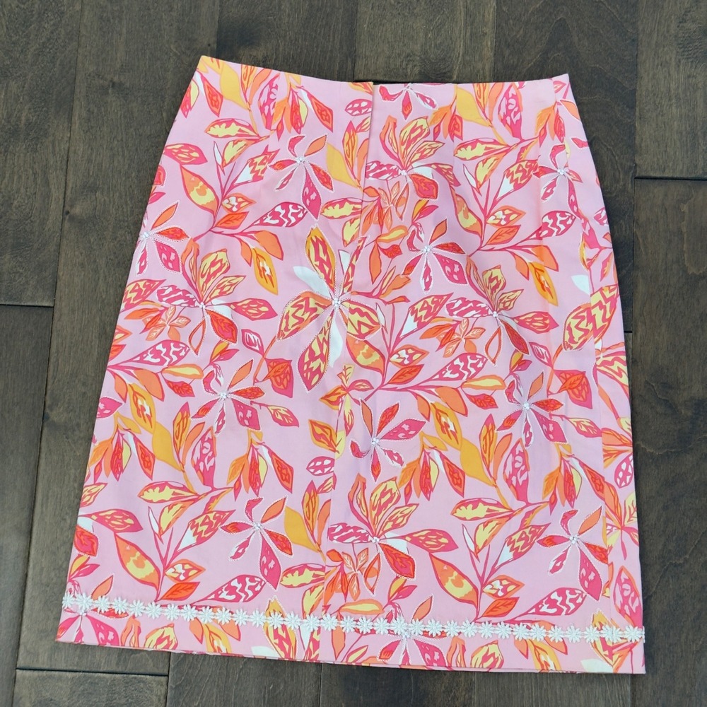 Jade Melody Tam Pink Floral Cotton Stretch Pencil Skirt Lace Trim Size 4 Beaded‎ - Picture 4 of 8